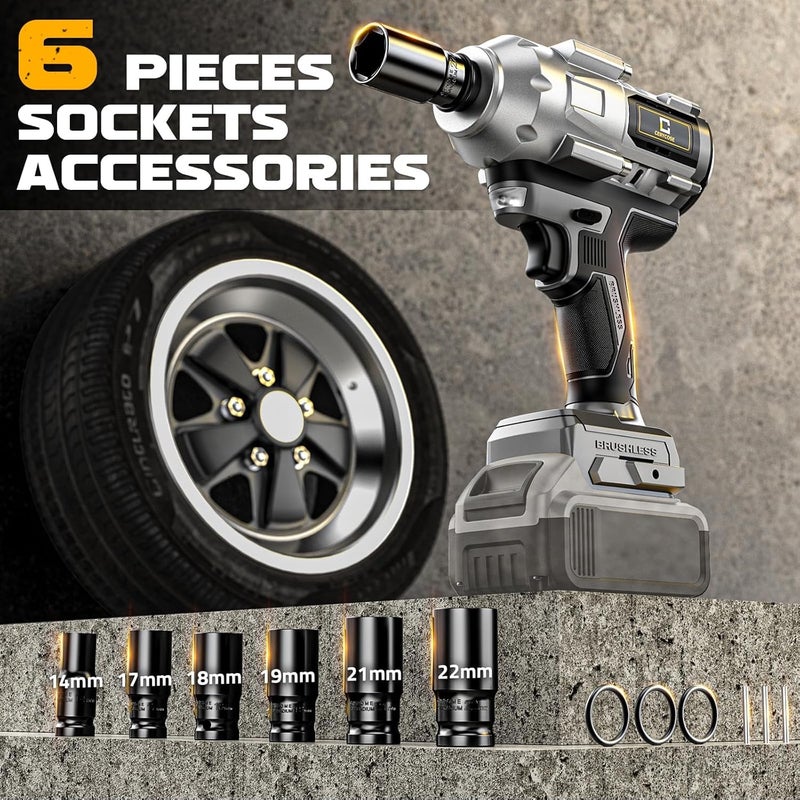 Cerycose Cordless Impact Wrench 1/2 inch for Dewalt Battery 900FT-LBS with 6 Sockets and Durable Toolbox Brushless Impact Gun Includes LED Work Light (950Ft-lbs Wrench with 6 Sockets) - Image 4